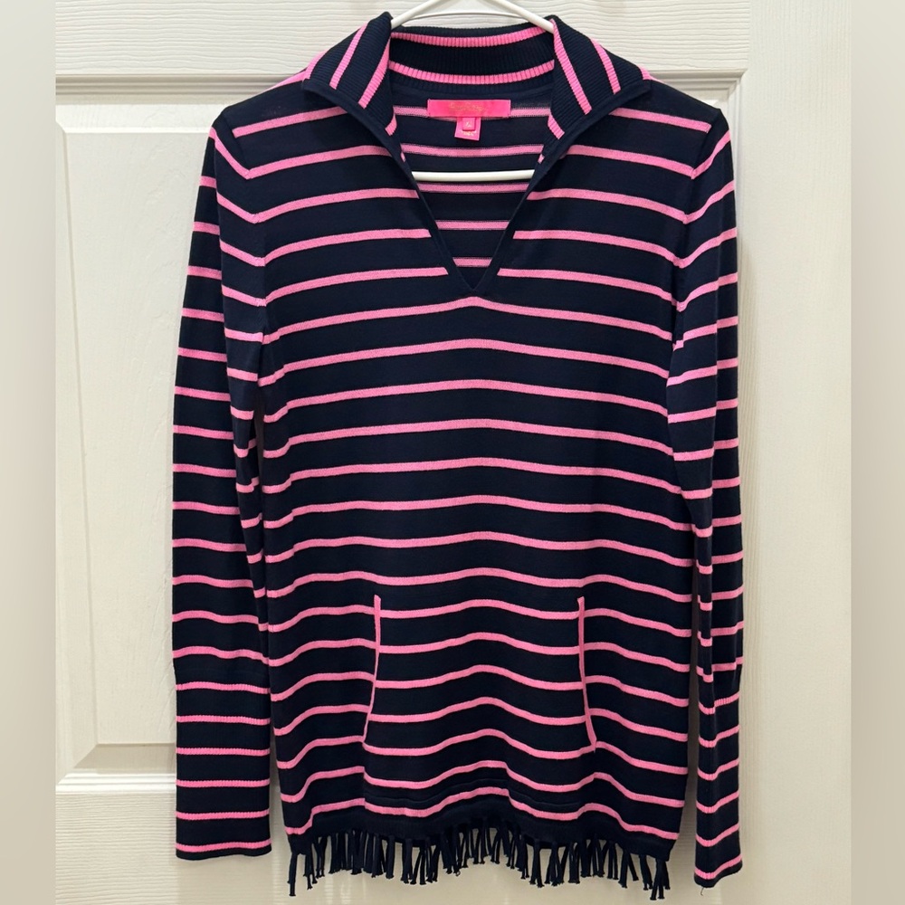 Lilly Pulitzer Crestwood Sweater Pink Navy Blue Maritime Stripe Fringe W…
